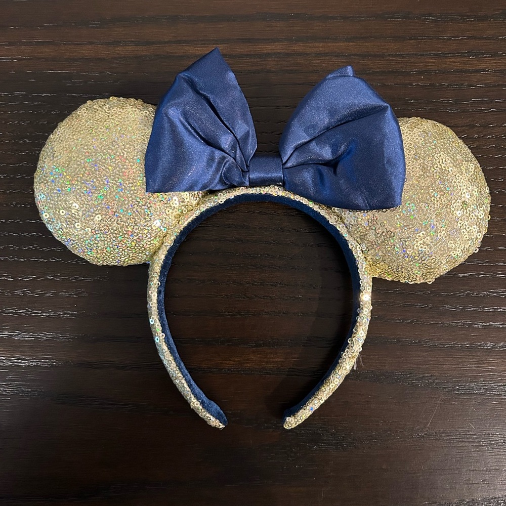 Disney Gold Sequin Ears with Blue Bow